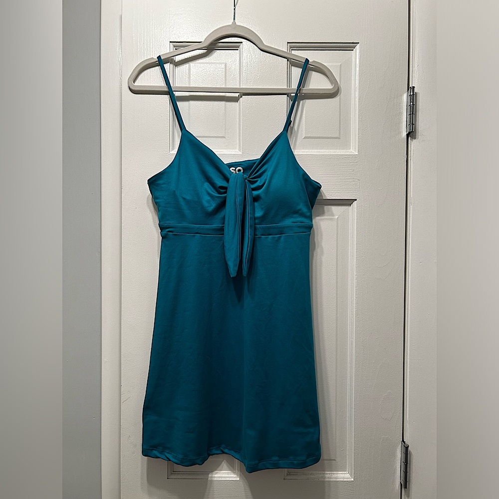 Teal blue spaghetti strap front tie SO dress. Medium.